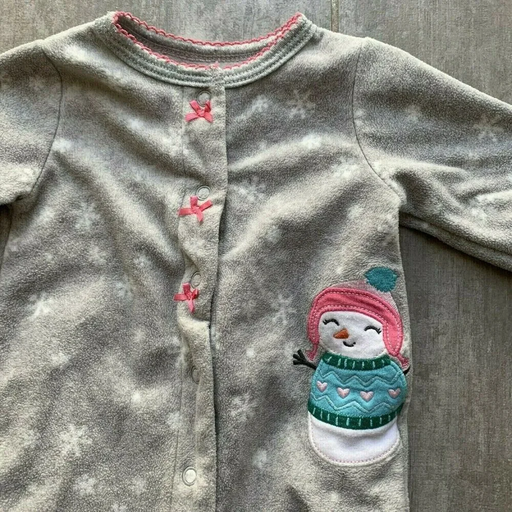 Baby Infant Girl Snowman Christmas Fleece Footie Snap Sleeper One-Piece 3 Months